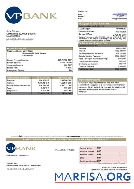 Realistic Liechtenstein VP Bank AG mortgage statement Word and PDF template
